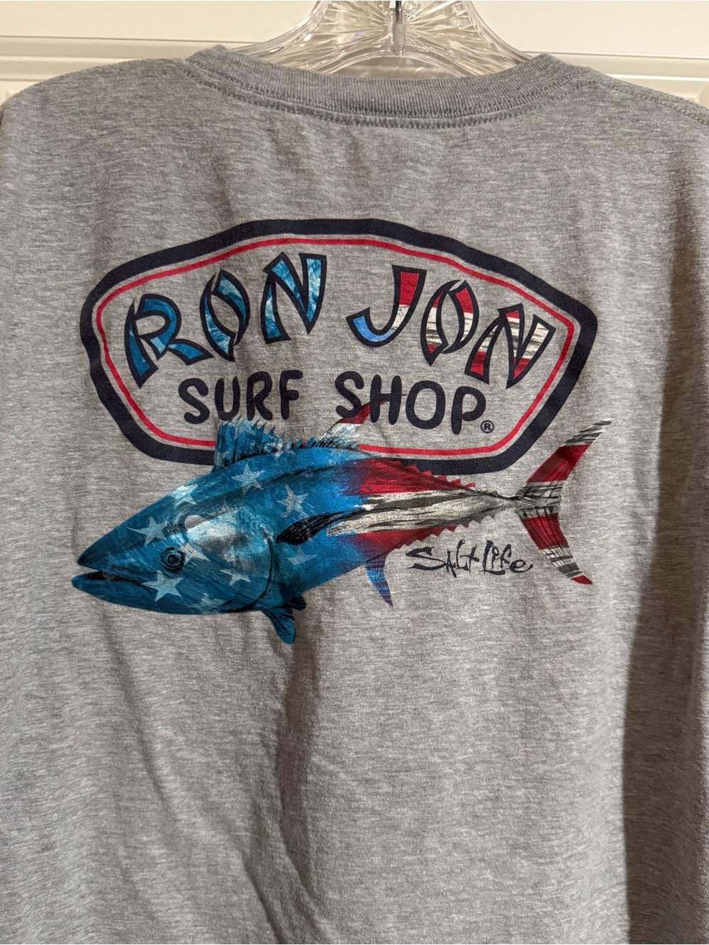 Salt Life Kids Gray Tee with Red & Blue American Flag Fish Graphic